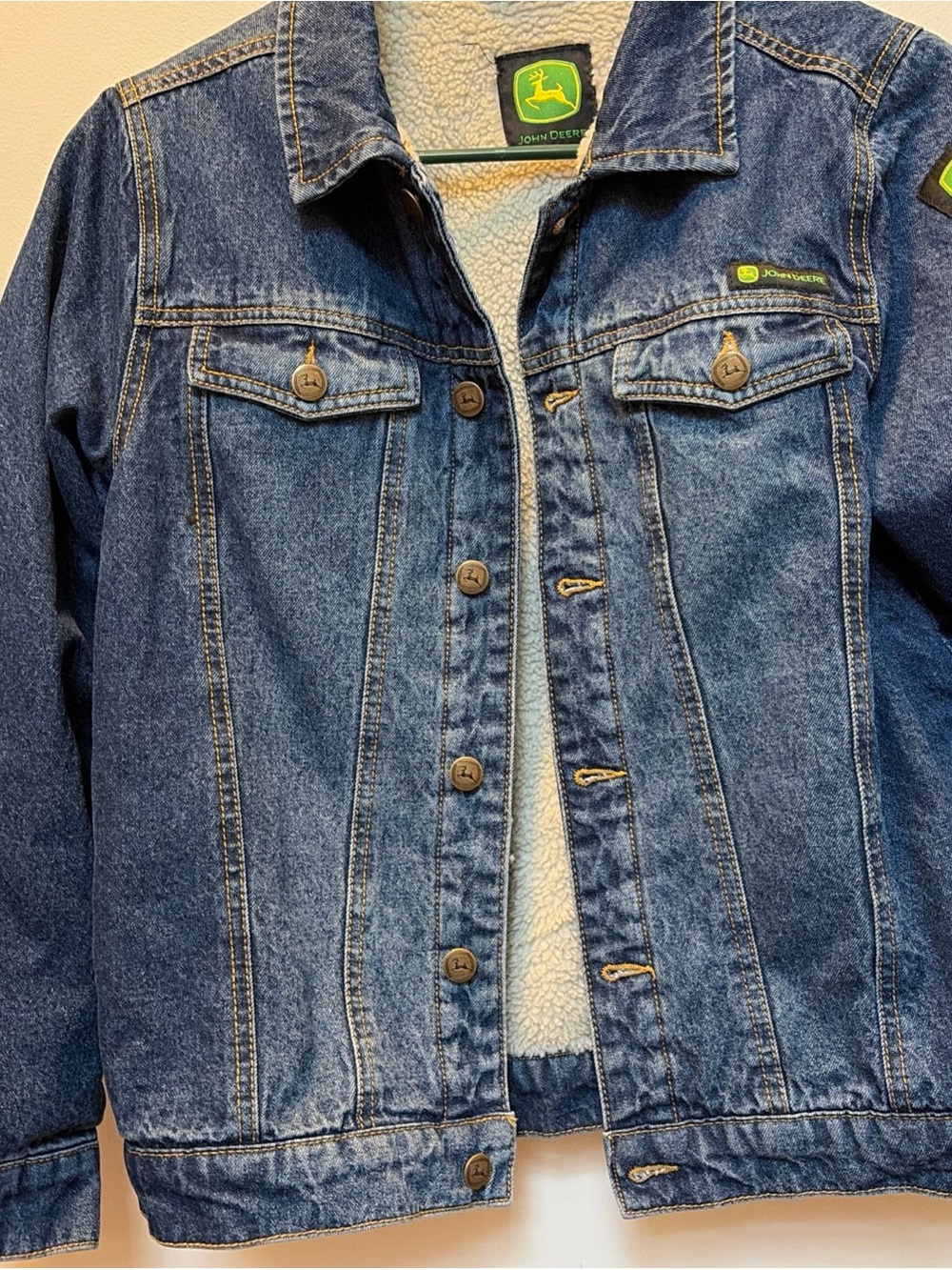 John Deere Kids' Blue Sherpa-Lined Denim Jacket size large 10-12 youth unisex